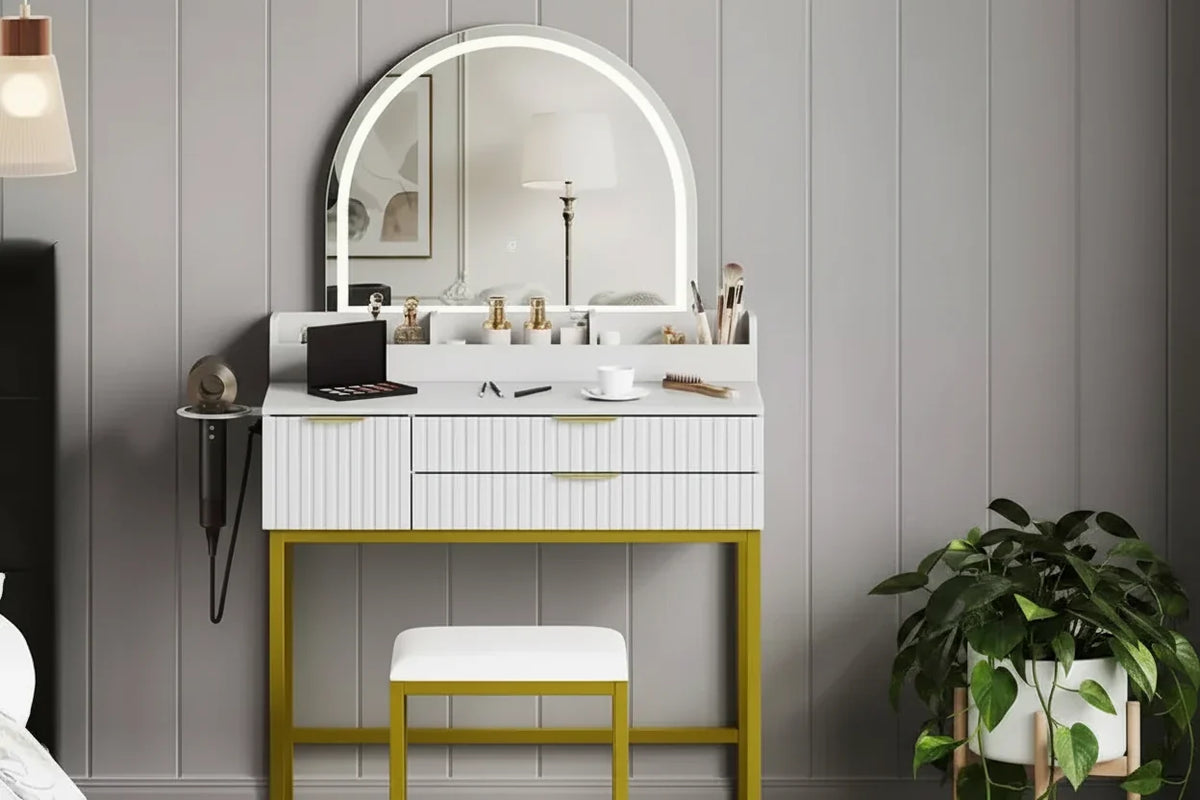 Coiffeuse avec miroir et lumières, miroir lumineux à LED, tiroirs de rangement spacieux pour produits cosmétiques et – Sanzelize Design