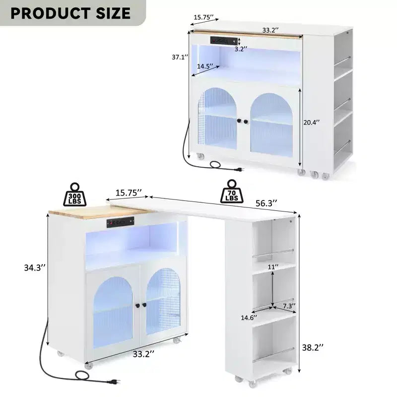 Îlot de cuisine roulant avec 2 portes en verre, Desserte de cuisine avec table extensible et prises de courant – Sanzelize Design