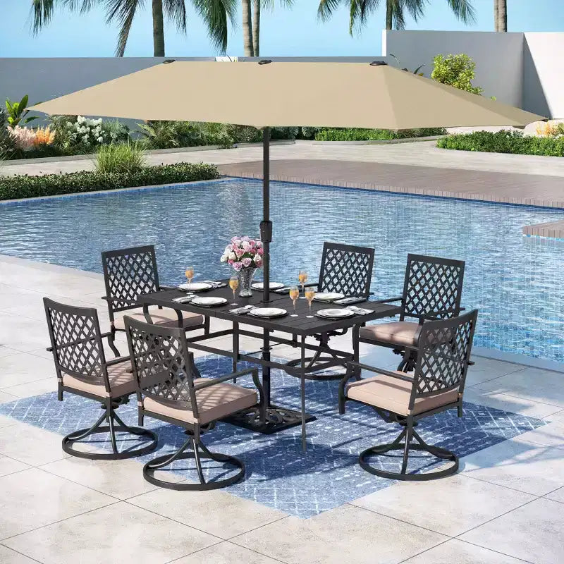 Ensemble de salle à manger de jardin 8 pièces avec table rectangulaire en acier, chaises en acier noir et parasol beige – Sanzelize Design