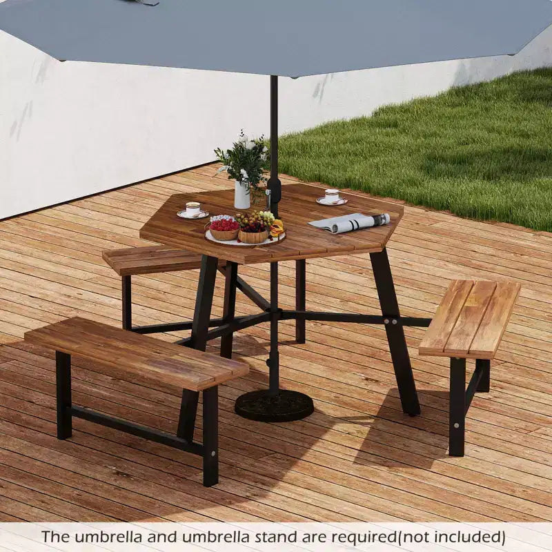 Table et bancs de pique-nique 6 personnes en bois d'acacia avec 3 sièges, trou pour parasol et cadre en métal – Sanzelize Design