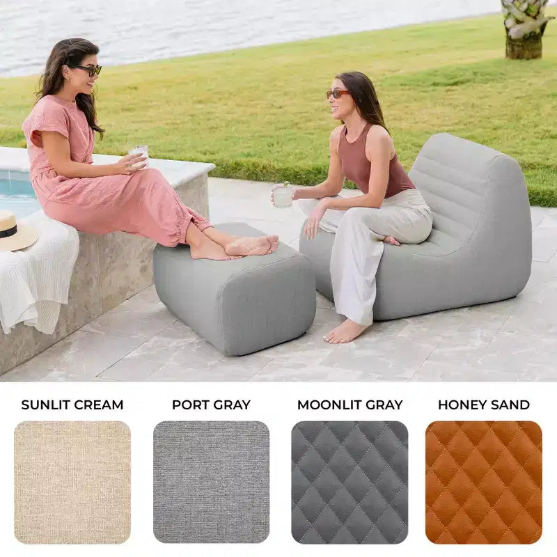 Grand ensemble de meubles de jardin d'extérieur, fauteuil et pouf en tissu de lin résistant aux intempéries – Sanzelize Design