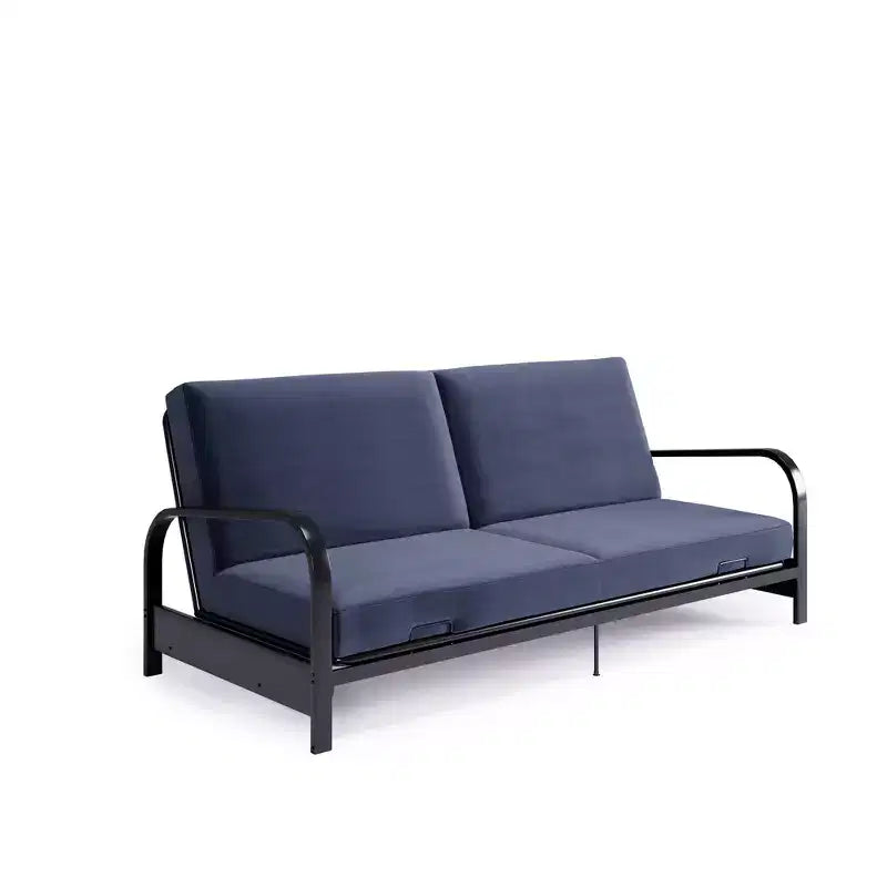 Karli Structure de futon en métal noir avec accoudoirs, matelas bleu 15,2 cm et housse noire supplémentaire – Sanzelize Design