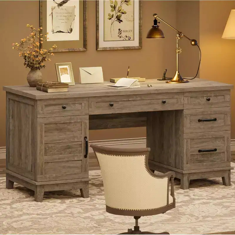 Bureau de direction de 152 cm avec tiroirs, bureau d'ordinateur avec station de charge – Sanzelize Design