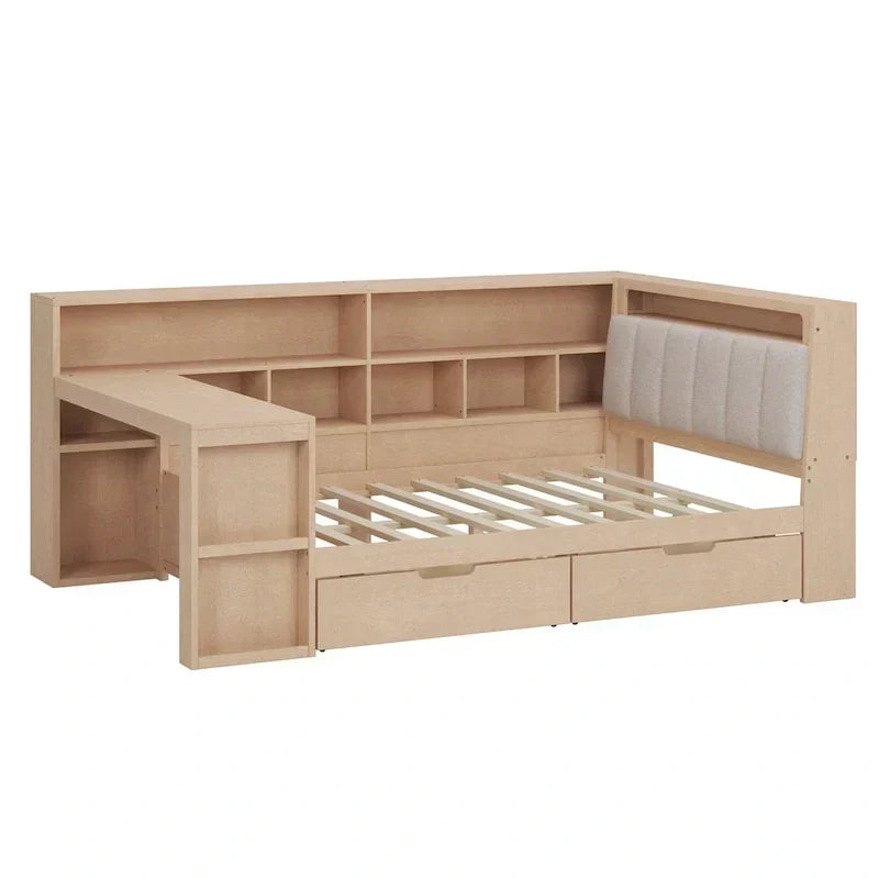 Canapé-lit d'angle en bois en forme de L avec bureau, bibliothèque, lit d'angle avec tiroirs de rangement – Sanzelize Design
