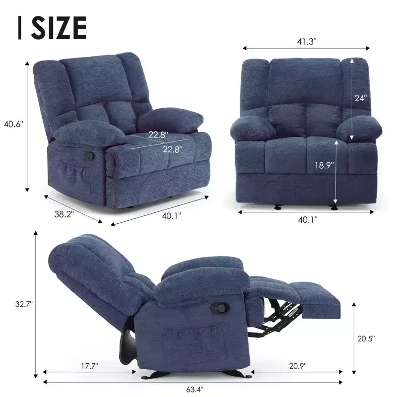Fauteuil inclinable à bascule surdimensionné bleu avec revêtement en chenille – Sanzelize Design