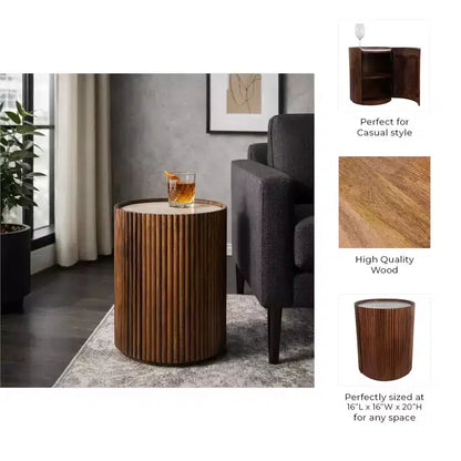 Table d'appoint décorative en bois nervuré avec plateau en marbre et rangement – Sanzelize Design