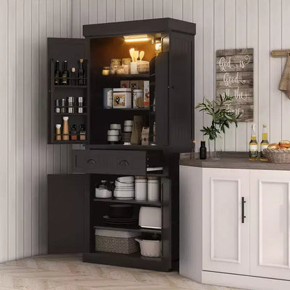 Garde-manger de cuisine de 180 cm avec lumières DEL, 6 tablettes de porte, un tiroir et 4 tablettes réglables – Sanzelize Design