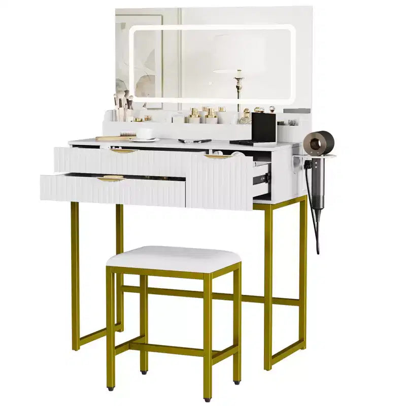 Coiffeuse avec miroir et lumières, miroir lumineux à LED, tiroirs de rangement spacieux pour produits cosmétiques et – Sanzelize Design