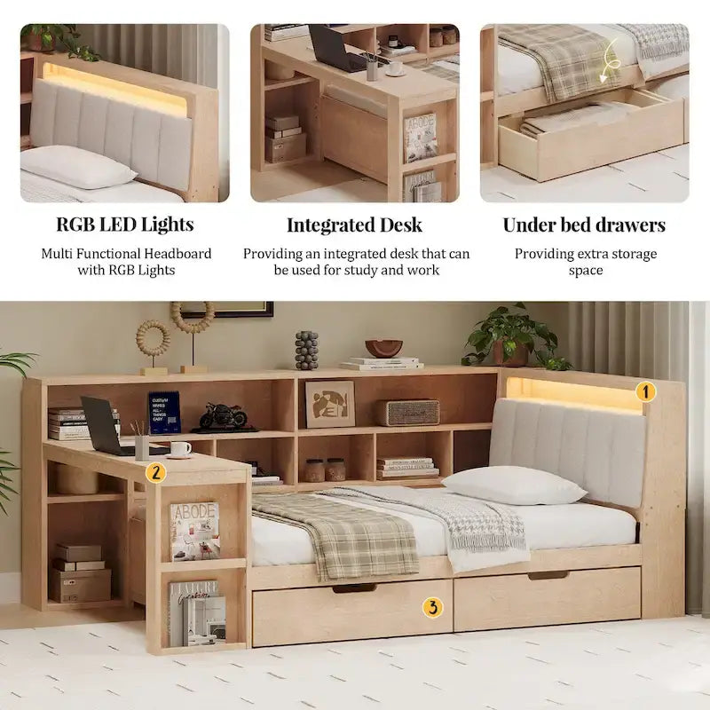 Canapé-lit d'angle en bois en forme de L avec bureau, bibliothèque, lit d'angle avec tiroirs de rangement – Sanzelize Design