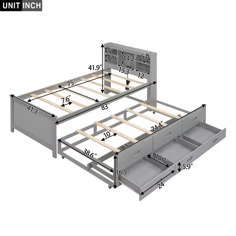 Lit plateforme avec lit gigogne et tiroirs, lit plateforme de rangement avec USB – Sanzelize Design