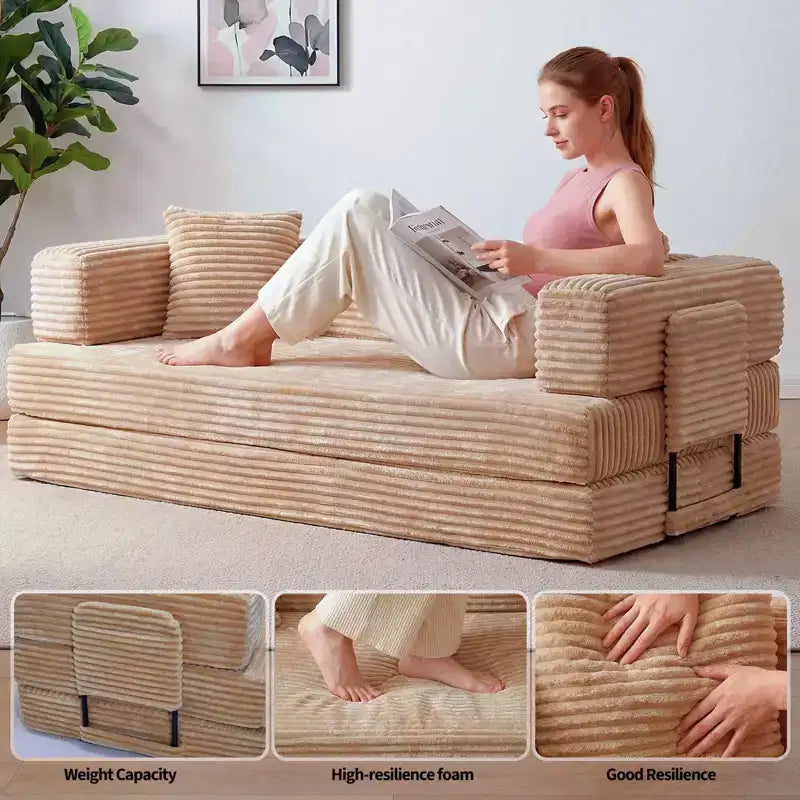 Canapé-lit convertible 5-en-1 de 205 cm – Velours côtelé, charge max. 544 kg, sans assemblage – Sanzelize Design