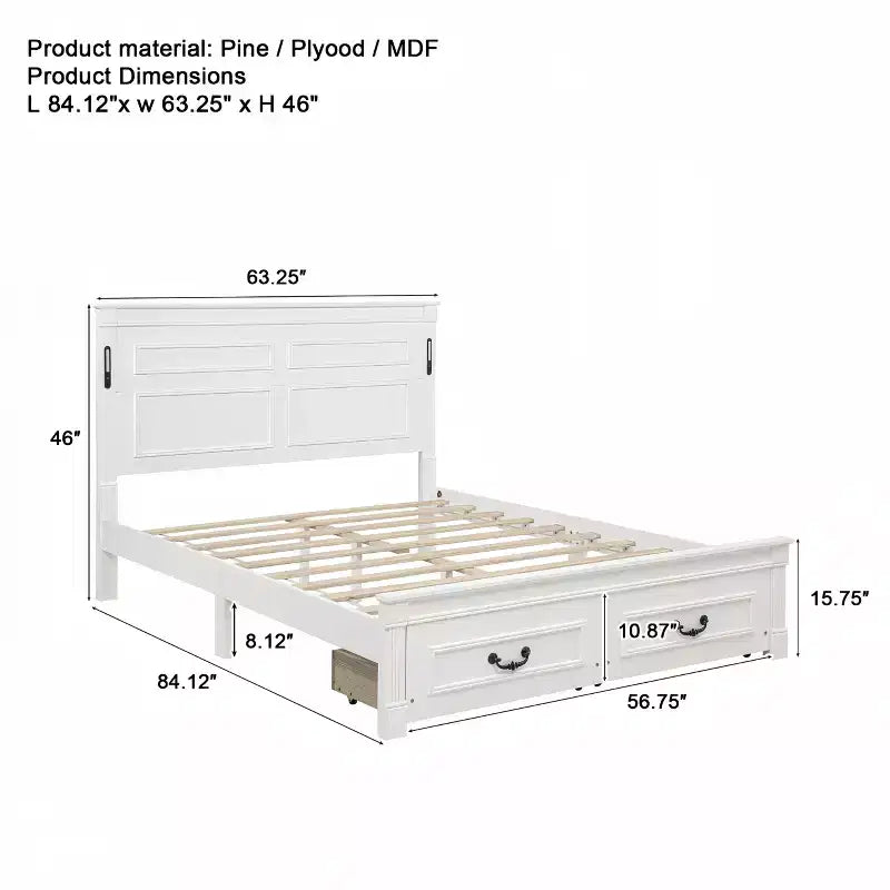 Lit plateforme 152 x 203 cm / 193 x 203 cm avec tête de lit haute, cadre de lit rustique en bois avec 2 tiroirs – Sanzelize Design