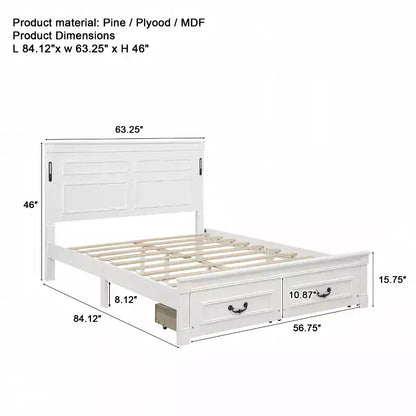 Lit plateforme 152 x 203 cm / 193 x 203 cm avec tête de lit haute, cadre de lit rustique en bois avec 2 tiroirs – Sanzelize Design