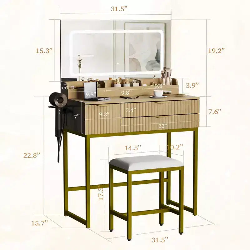 Coiffeuse avec miroir et lumières, miroir lumineux à LED, tiroirs de rangement spacieux pour produits cosmétiques et – Sanzelize Design