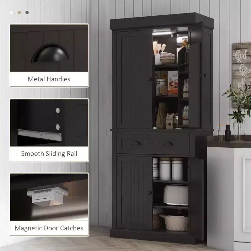 Garde-manger de cuisine de 180 cm avec lumières DEL, 6 tablettes de porte, un tiroir et 4 tablettes réglables – Sanzelize Design