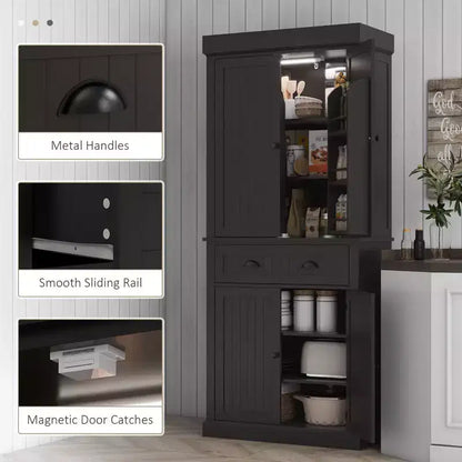 Garde-manger de cuisine de 180 cm avec lumières DEL, 6 tablettes de porte, un tiroir et 4 tablettes réglables – Sanzelize Design