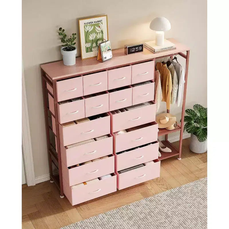 Commode de rangement avec 16 tiroirs, tringle à vêtements et étagères – Sanzelize Design