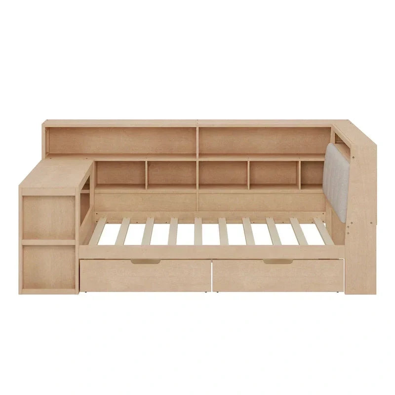 Canapé-lit d'angle en bois en forme de L avec bureau, bibliothèque, lit d'angle avec tiroirs de rangement – Sanzelize Design