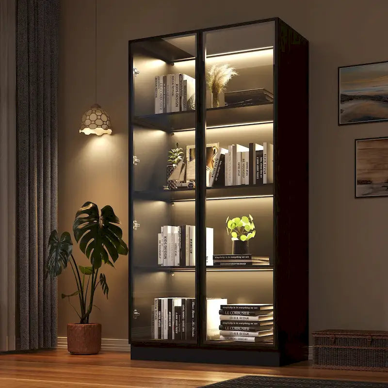 Vitrine de rangement, vitrine avec portes en verre trempé, vitrine avec 4 étagères de rangement – Sanzelize Design