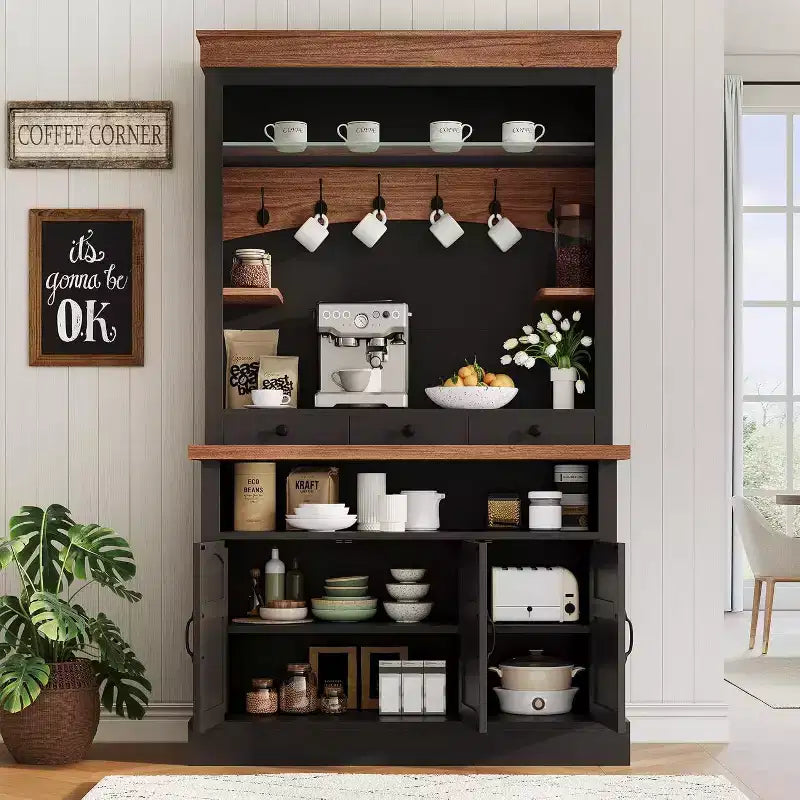 Meuble de bar à café de style ferme de 183 cm de haut avec lumières LED, buffet de cuisine avec portes et tiroir – Sanzelize Design