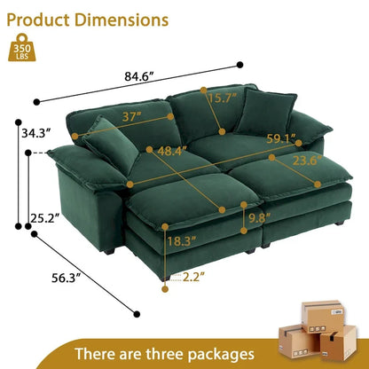 Canapé 2 places avec 2 coussins de siège, 2 oreillers et 2 poufs, canapé confortable - Canapé profond de salon – Sanzelize Design