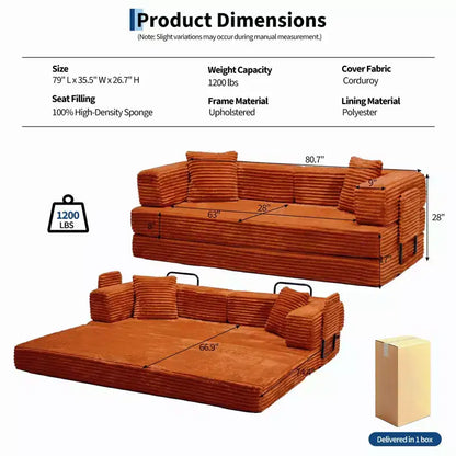Canapé-lit convertible 5-en-1 de 205 cm – Velours côtelé, charge max. 544 kg, sans assemblage – Sanzelize Design