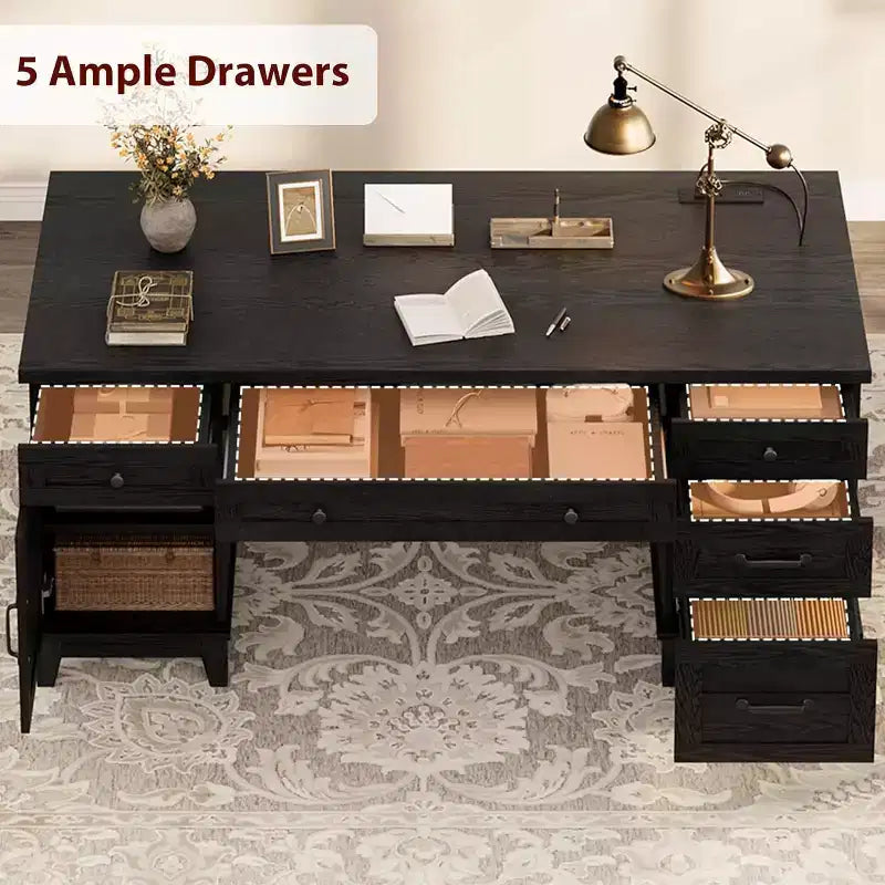 Bureau de direction de 152 cm avec tiroirs, bureau d'ordinateur avec station de charge – Sanzelize Design