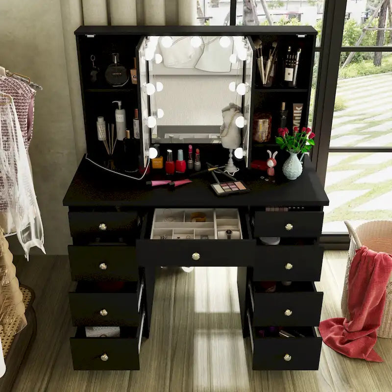Coiffeuse LED de luxe avec 9 tiroirs, station de maquillage élégante – Sanzelize Design