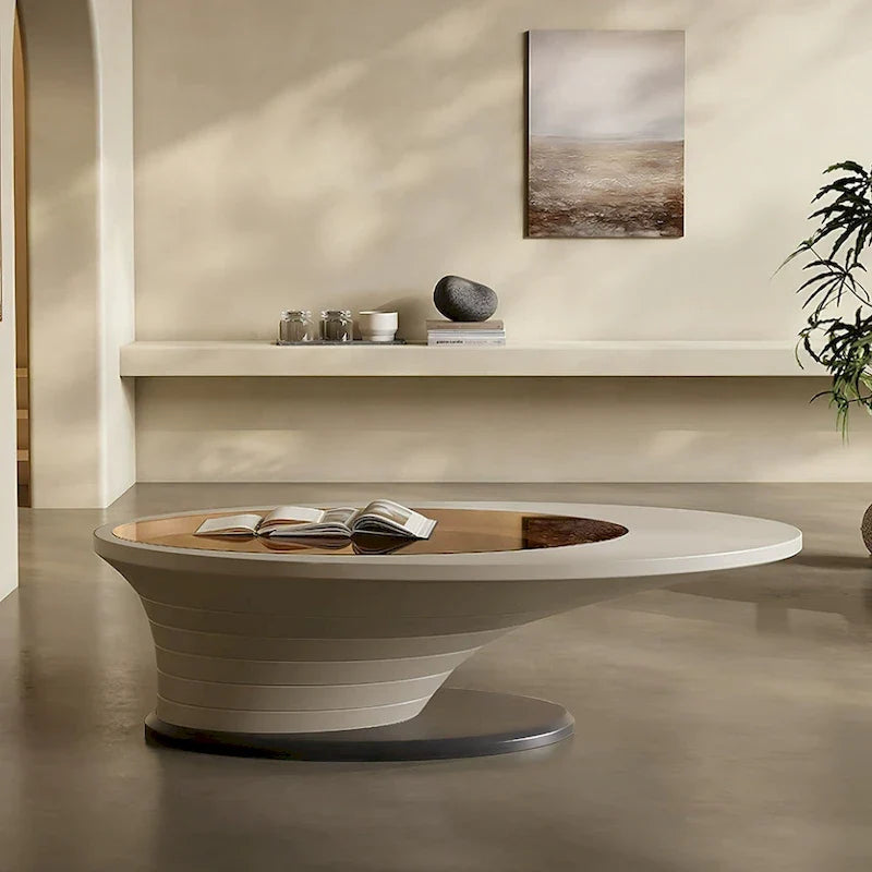 Table Basse Ovale en Verre Moderne Minimaliste Luxe Léger avec Base Grise 130 cm - L 130 cm x l 65 cm x H 36,5 cm – Sanzelize Design