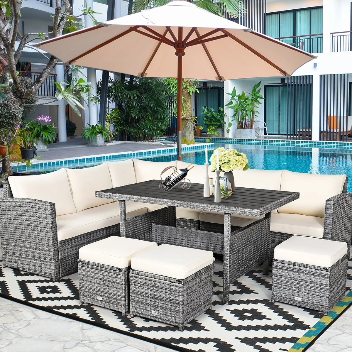Ensemble de salle à manger 7 pièces en rotin pour terrasse, canapé sectionnel et pouf - Voir détails – Sanzelize Design