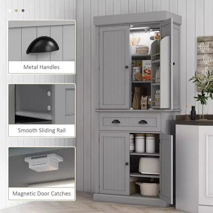 Garde-manger de cuisine de 180 cm avec lumières DEL, 6 tablettes de porte, un tiroir et 4 tablettes réglables – Sanzelize Design
