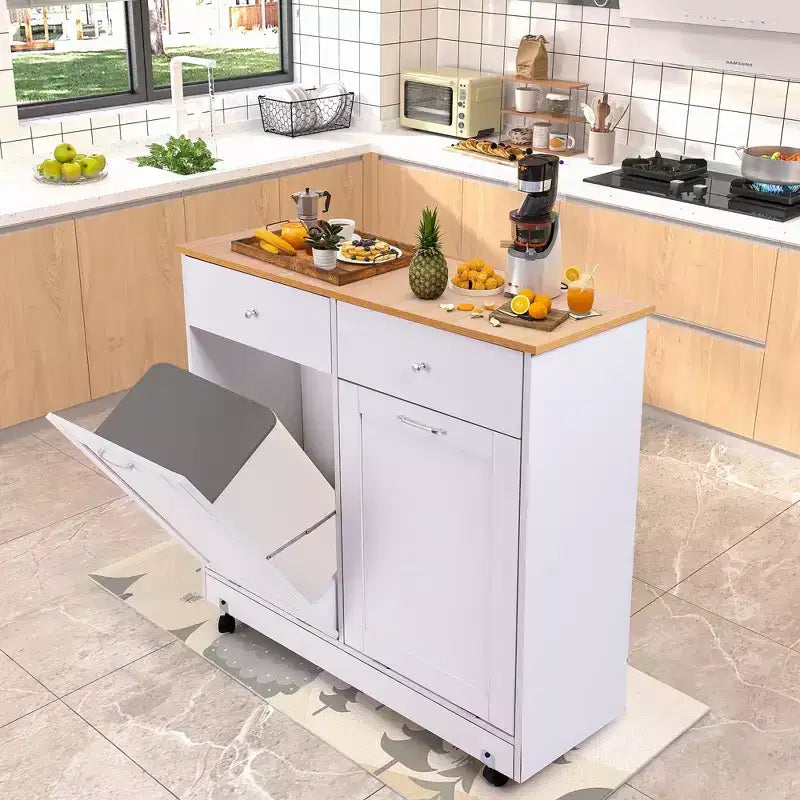 Meuble de cuisine à double inclinaison avec 2 tiroirs, meuble poubelle avec rangement sur roulettes, blanc – Sanzelize Design