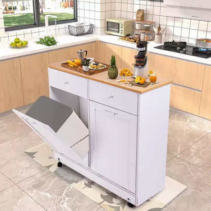 Meuble de cuisine à double inclinaison avec 2 tiroirs, meuble poubelle avec rangement sur roulettes, blanc – Sanzelize Design