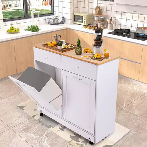 Meuble de cuisine à double inclinaison avec 2 tiroirs, meuble poubelle avec rangement sur roulettes, blanc – Sanzelize Design