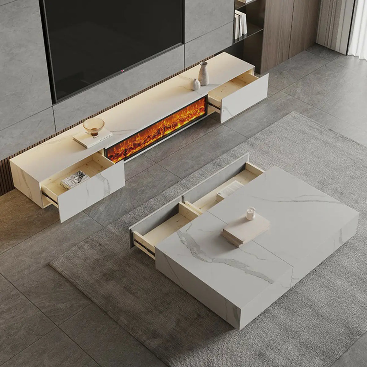 Meuble TV en pierre avec cheminée électrique noire et lumière, 87 cm de large – Sanzelize Design