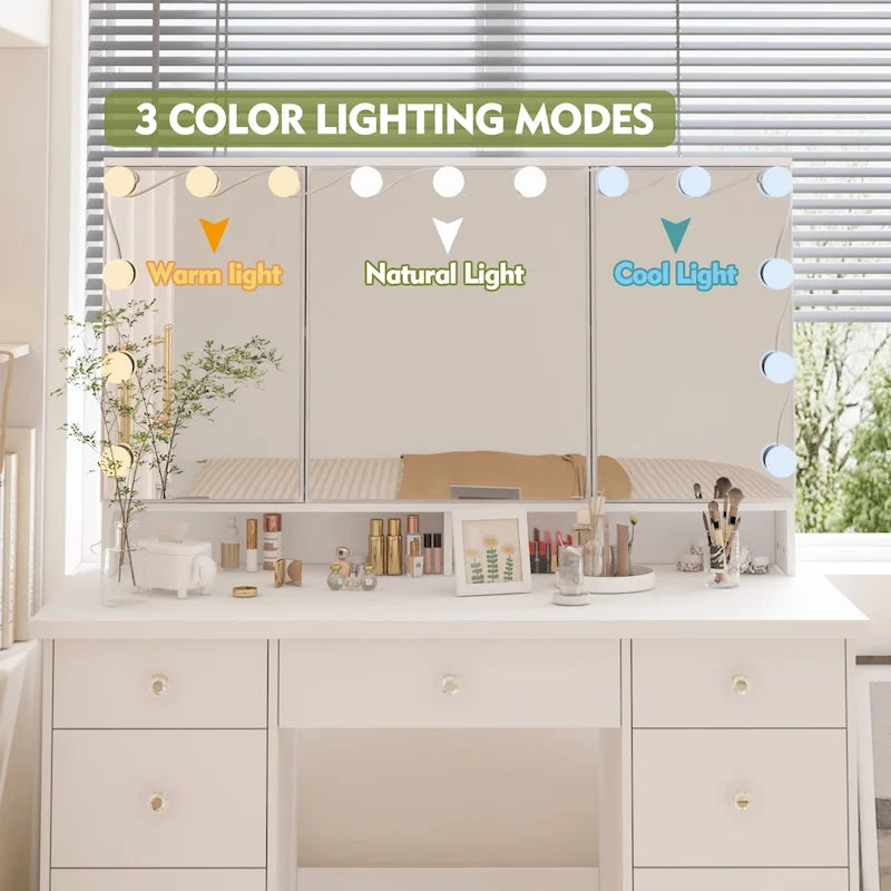 Coiffeuse LED de luxe avec 9 tiroirs, station de maquillage élégante – Sanzelize Design