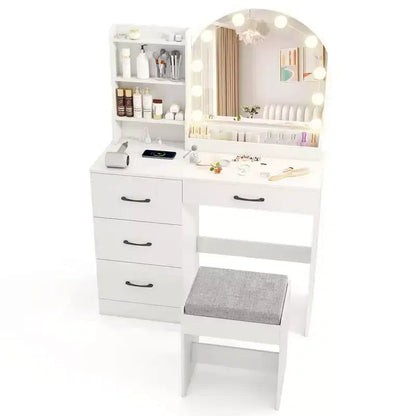 Coiffeuse avec miroir et lumières, table de maquillage et chaise, 4 tiroirs, 3 étagères ouvertes, Noir/Blanc – Sanzelize Design