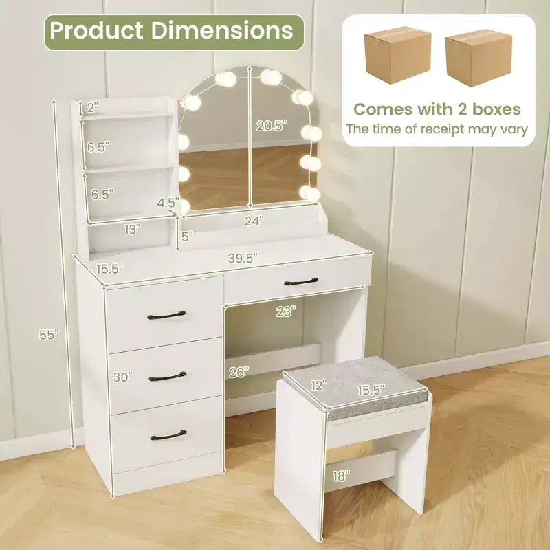 Coiffeuse avec miroir et lumières, table de maquillage et chaise, 4 tiroirs, 3 étagères ouvertes, Noir/Blanc – Sanzelize Design