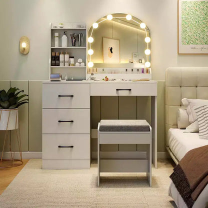Coiffeuse avec miroir et lumières, table de maquillage et chaise, 4 tiroirs, 3 étagères ouvertes, Noir/Blanc – Sanzelize Design