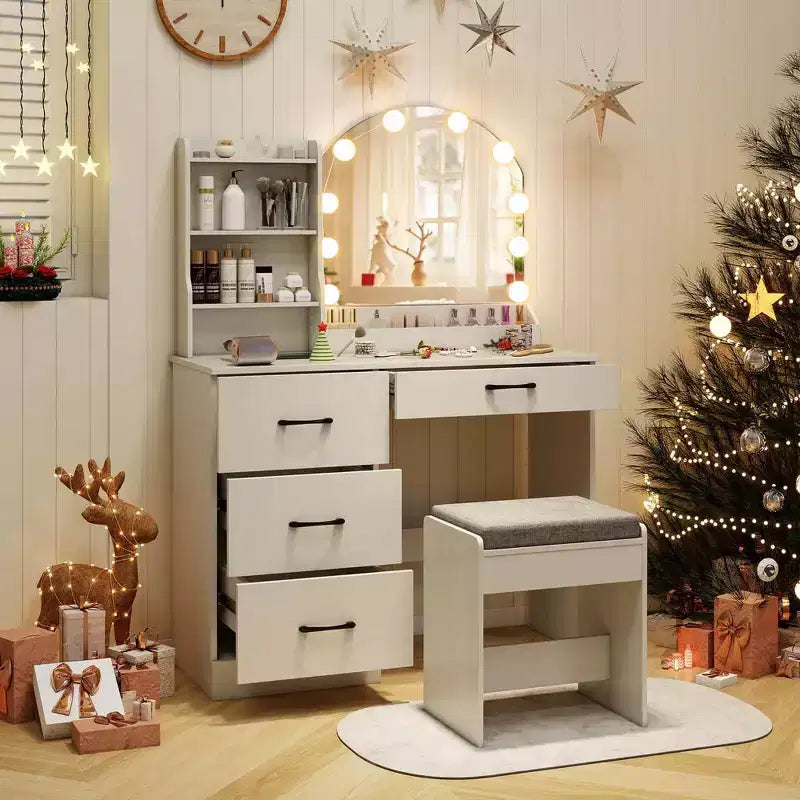 Coiffeuse avec miroir et lumières, table de maquillage et chaise, 4 tiroirs, 3 étagères ouvertes, Noir/Blanc – Sanzelize Design