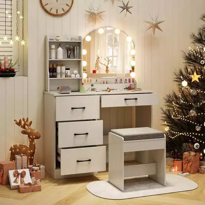 Coiffeuse avec miroir et lumières, table de maquillage et chaise, 4 tiroirs, 3 étagères ouvertes, Noir/Blanc – Sanzelize Design