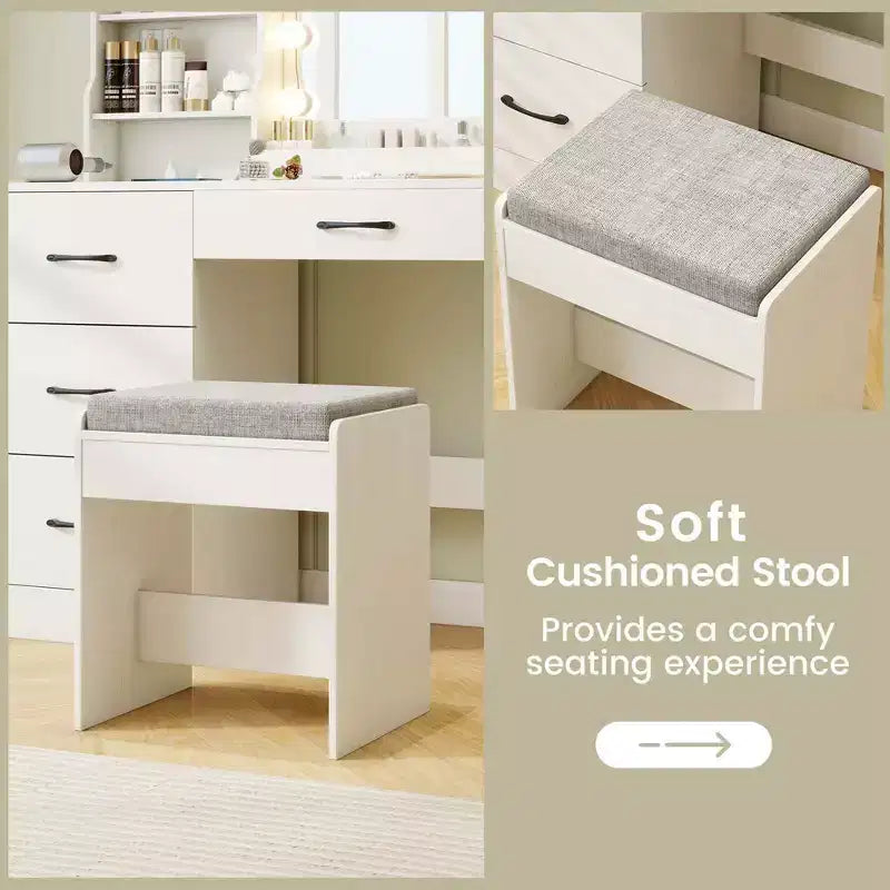 Coiffeuse avec miroir et lumières, table de maquillage et chaise, 4 tiroirs, 3 étagères ouvertes, Noir/Blanc – Sanzelize Design