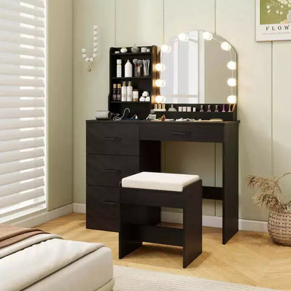 Coiffeuse avec miroir et lumières, table de maquillage et chaise, 4 tiroirs, 3 étagères ouvertes, Noir/Blanc – Sanzelize Design