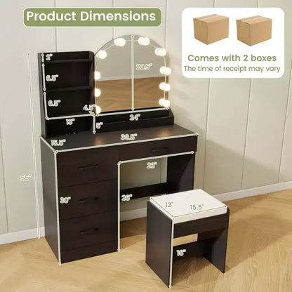 Coiffeuse avec miroir et lumières, table de maquillage et chaise, 4 tiroirs, 3 étagères ouvertes, Noir/Blanc – Sanzelize Design