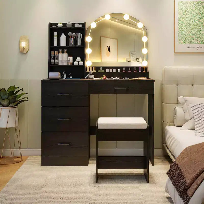Coiffeuse avec miroir et lumières, table de maquillage et chaise, 4 tiroirs, 3 étagères ouvertes, Noir/Blanc – Sanzelize Design