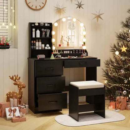 Coiffeuse avec miroir et lumières, table de maquillage et chaise, 4 tiroirs, 3 étagères ouvertes, Noir/Blanc – Sanzelize Design