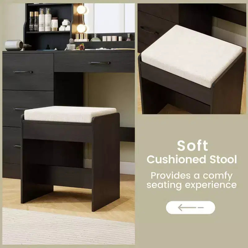 Coiffeuse avec miroir et lumières, table de maquillage et chaise, 4 tiroirs, 3 étagères ouvertes, Noir/Blanc – Sanzelize Design