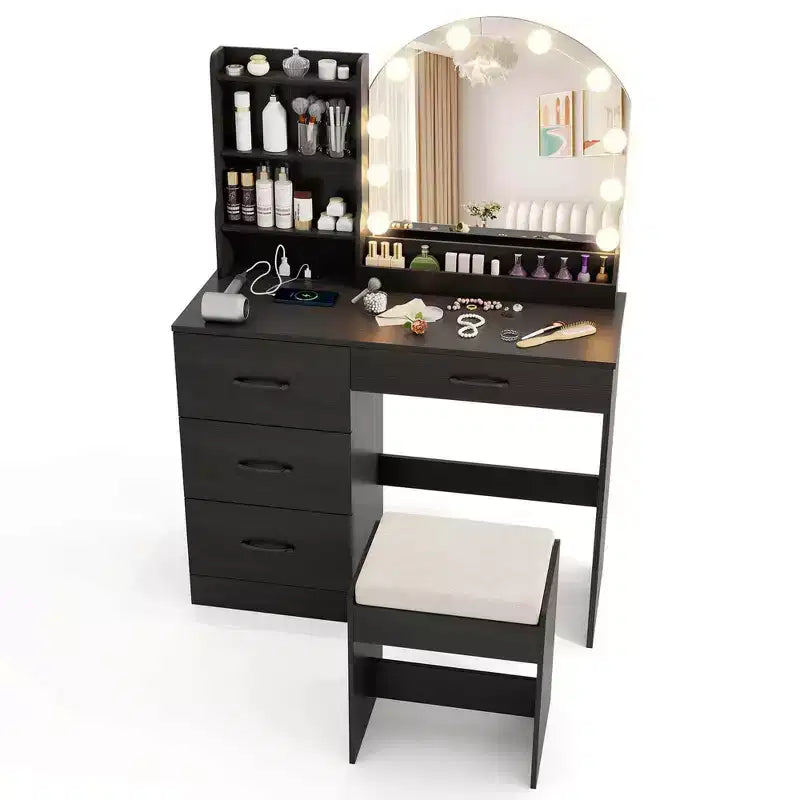 Coiffeuse avec miroir et lumières, table de maquillage et chaise, 4 tiroirs, 3 étagères ouvertes, Noir/Blanc – Sanzelize Design