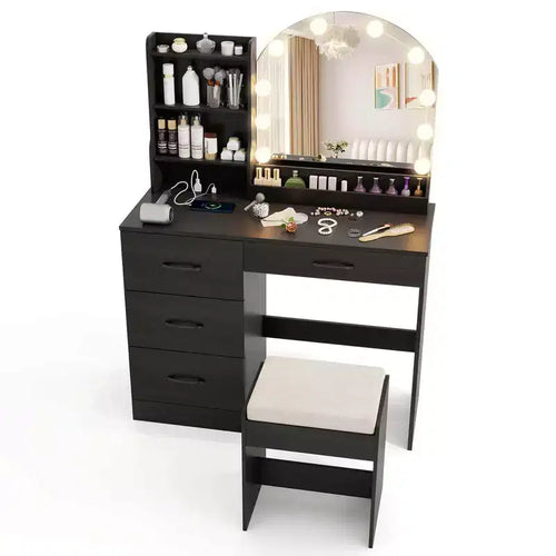 Coiffeuse avec miroir et lumières, table de maquillage et chaise, 4 tiroirs, 3 étagères ouvertes, Noir/Blanc – Sanzelize Design