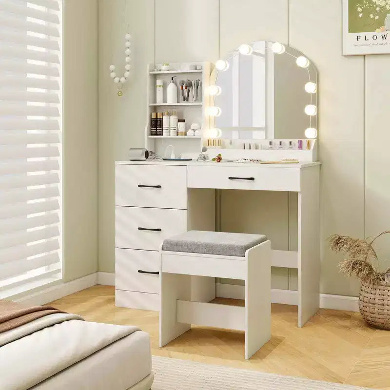 Coiffeuse avec miroir et lumières, table de maquillage et chaise, 4 tiroirs, 3 étagères ouvertes, Noir/Blanc – Sanzelize Design